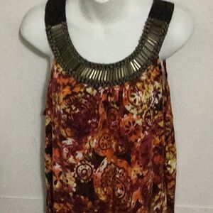 Floral Sleeveless Top with Embellished Neckline Size XL orange and Brown